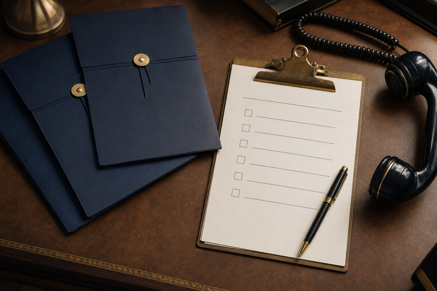 Navy folders, desk phone, and blank intake checklist on a desk