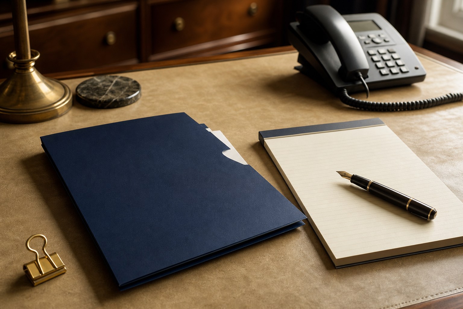 Navy intake folder, desk phone, and legal pad arranged on a warm desk