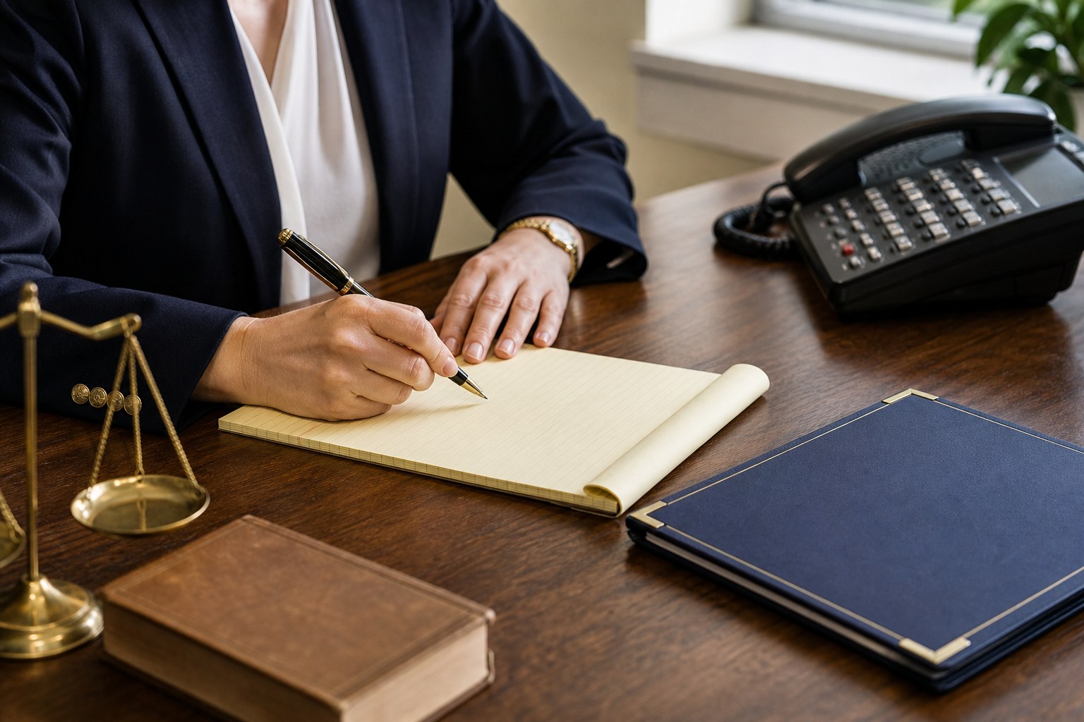 Law office professional taking notes beside a telephone and navy folder