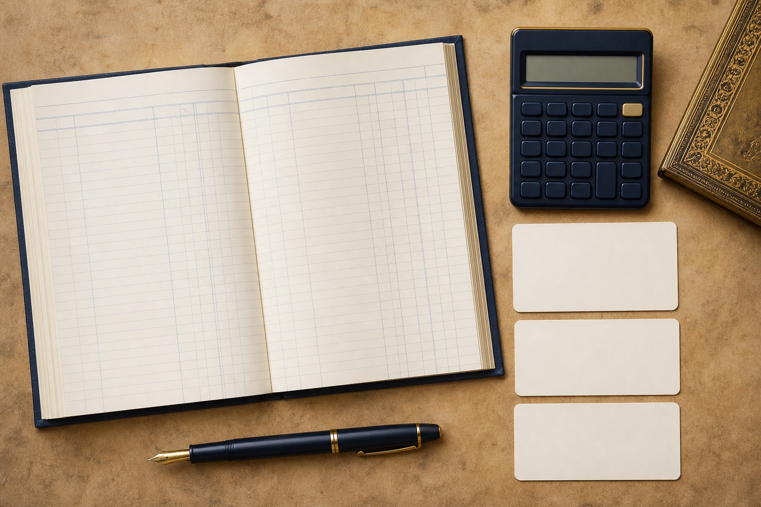 Blank ledger, calculator, and index cards prepared for a law firm review