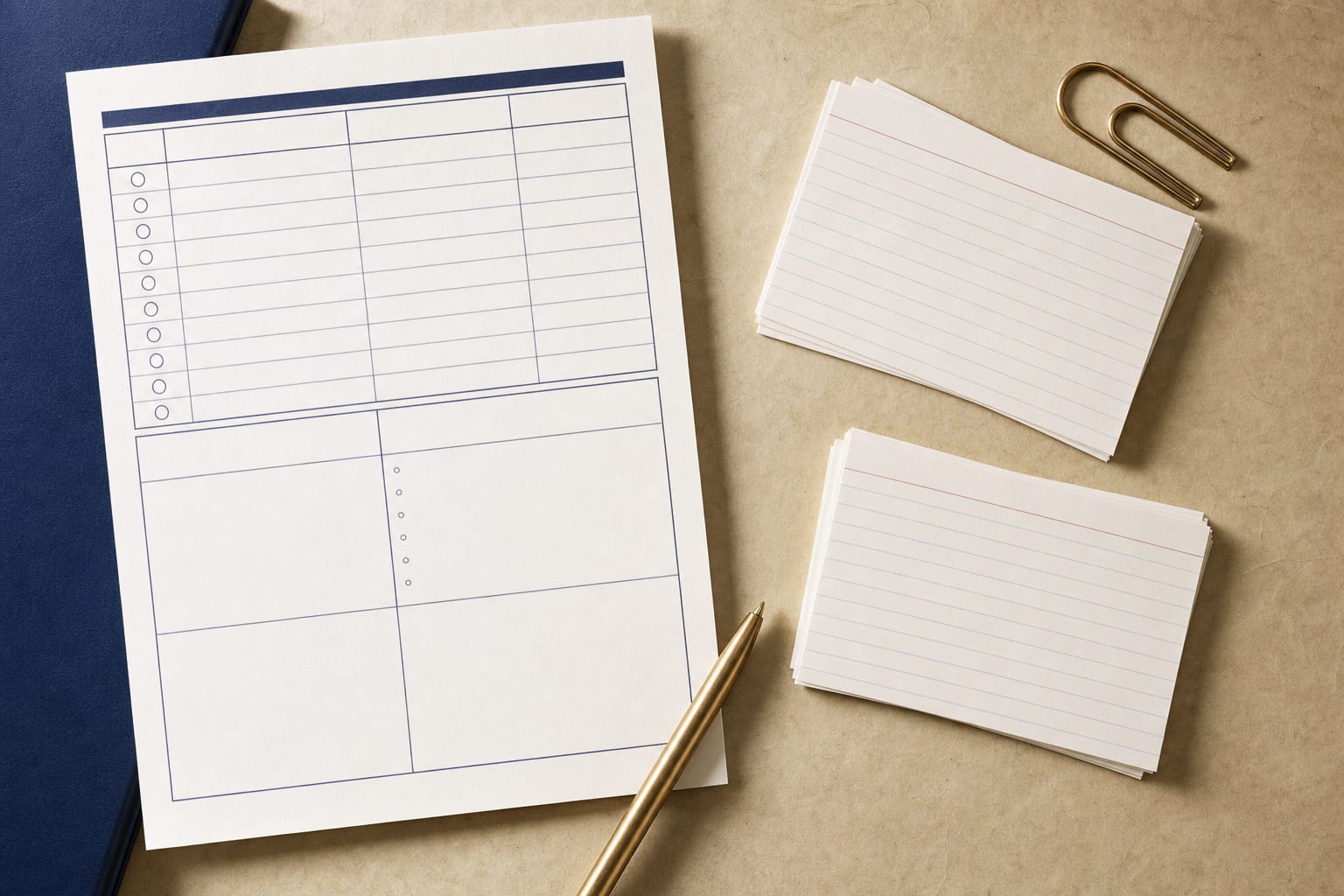 Blank intake criteria worksheet and note cards on a desk