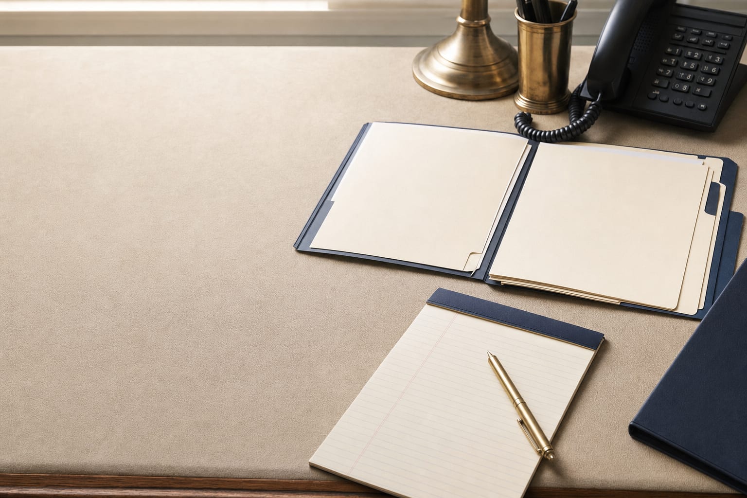 Bankruptcy law firm intake workspace with a phone, folders, and notepad