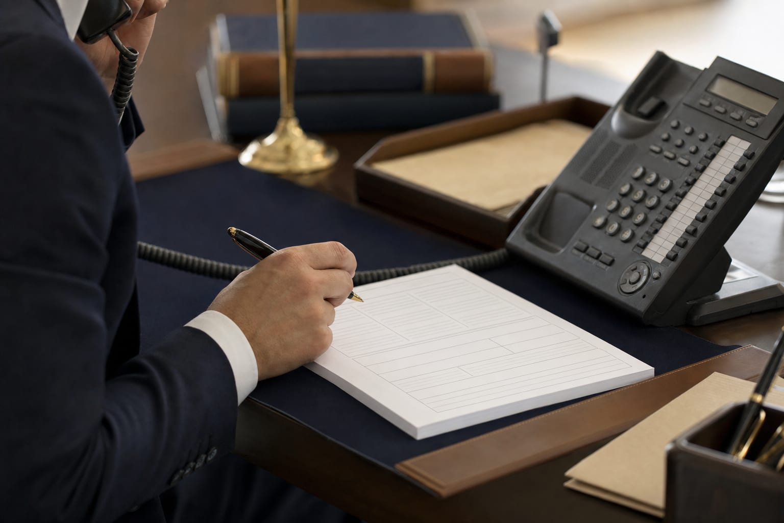 Law firm professional taking intake notes while speaking on the phone