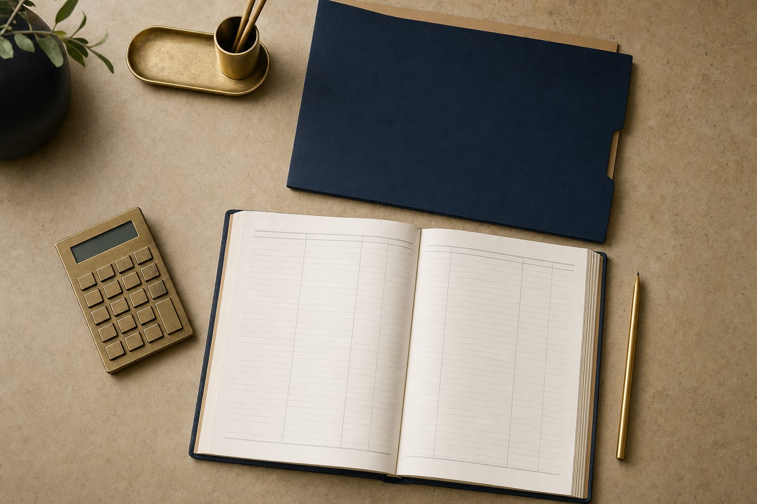 Blank ledger, calculator, folder, and pen prepared for a weekly review