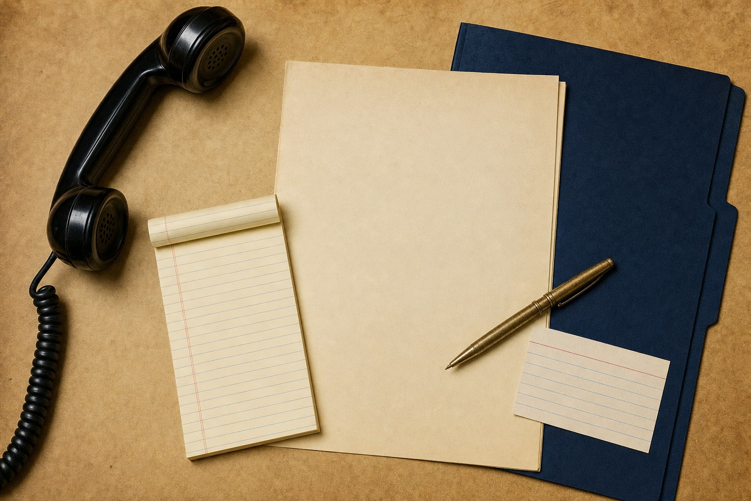 Telephone, intake notebook, navy file folder, and pen on a parchment desk