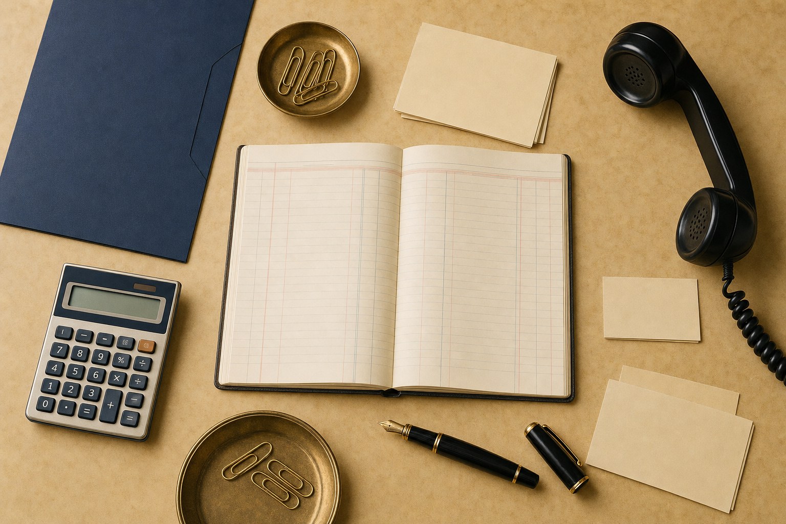 Blank review ledger, calculator, phone, and navy folders on a parchment desk