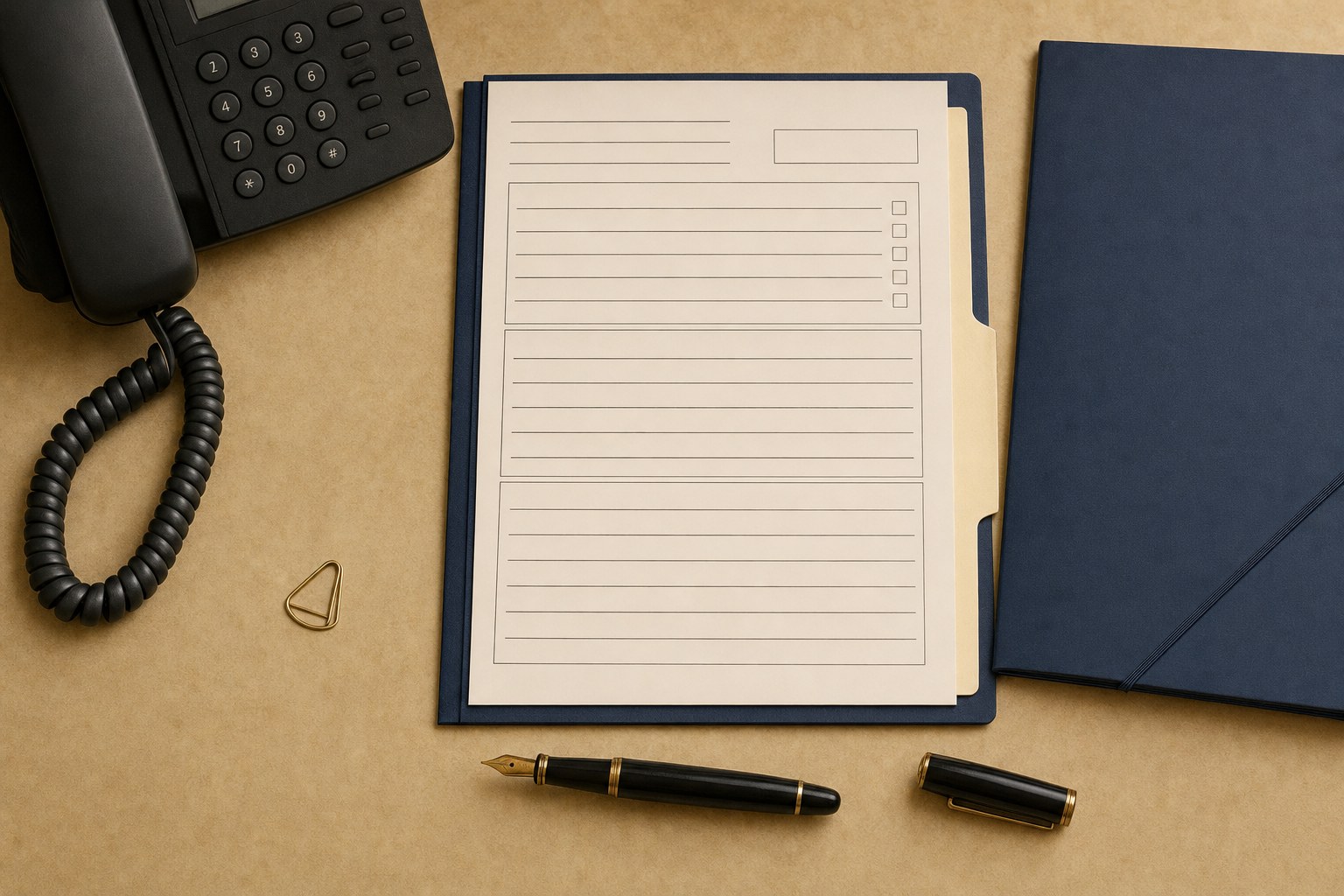 Blank phone-screening record beside a telephone and navy folders