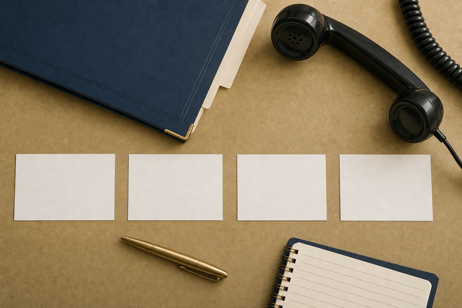 Blank workflow cards arranged beside a phone and law-firm notebook