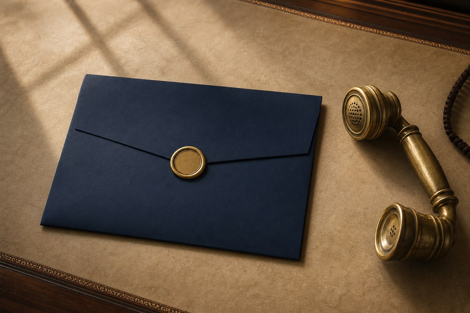 Sealed navy file folder and telephone receiver on a parchment desk