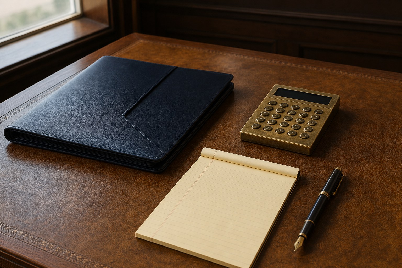Navy case folder, calculator, legal pad, and fountain pen on a law office desk