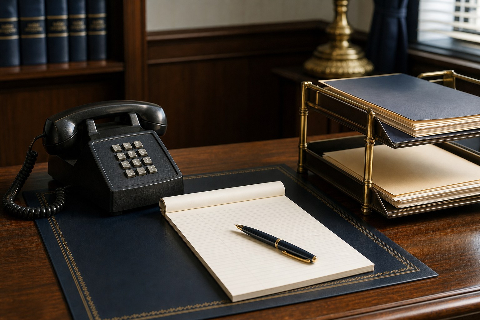 Telephone, blank legal pad, and file tray prepared for law firm intake