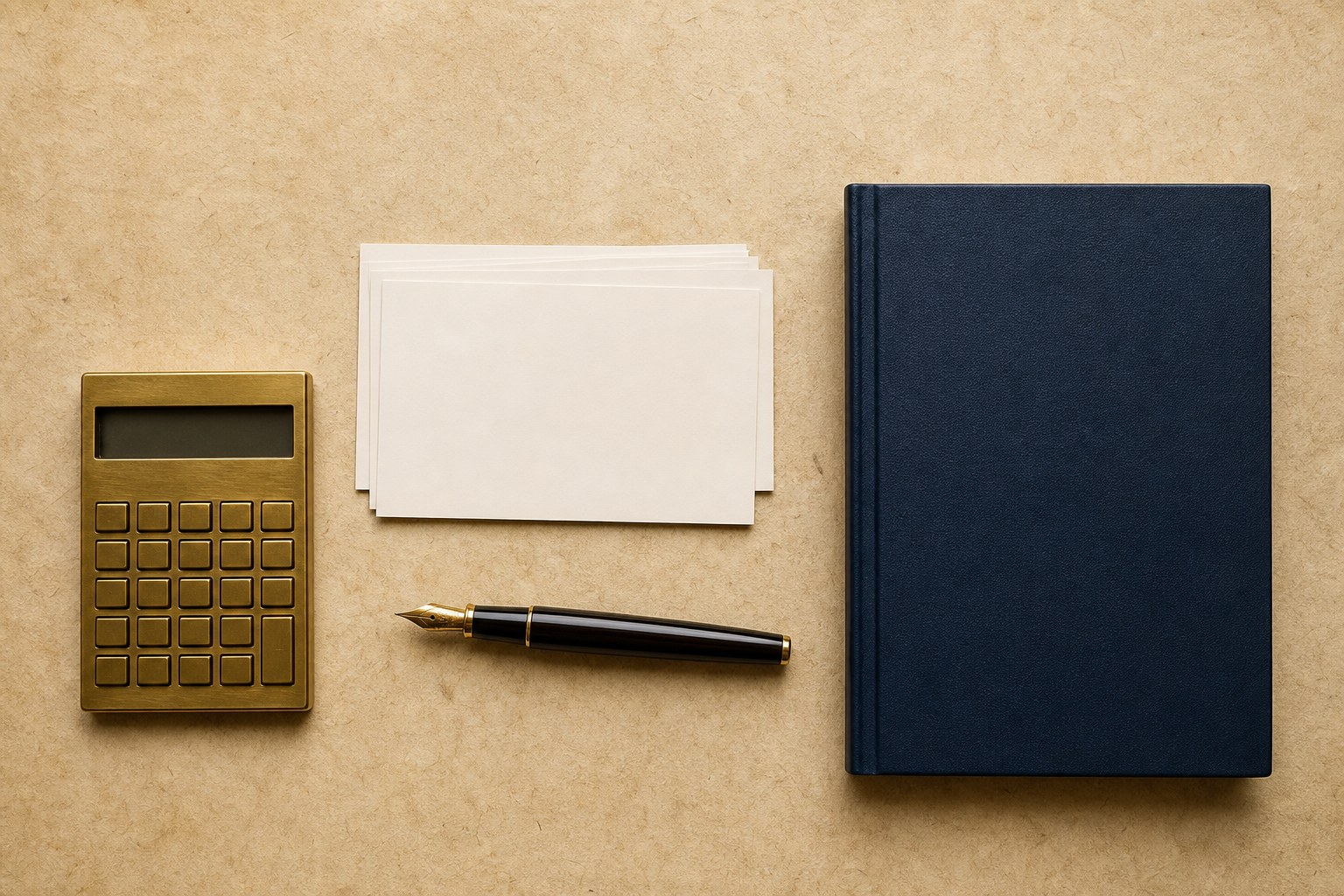 Calculator, blank cards, ledger, and fountain pen on a parchment surface
