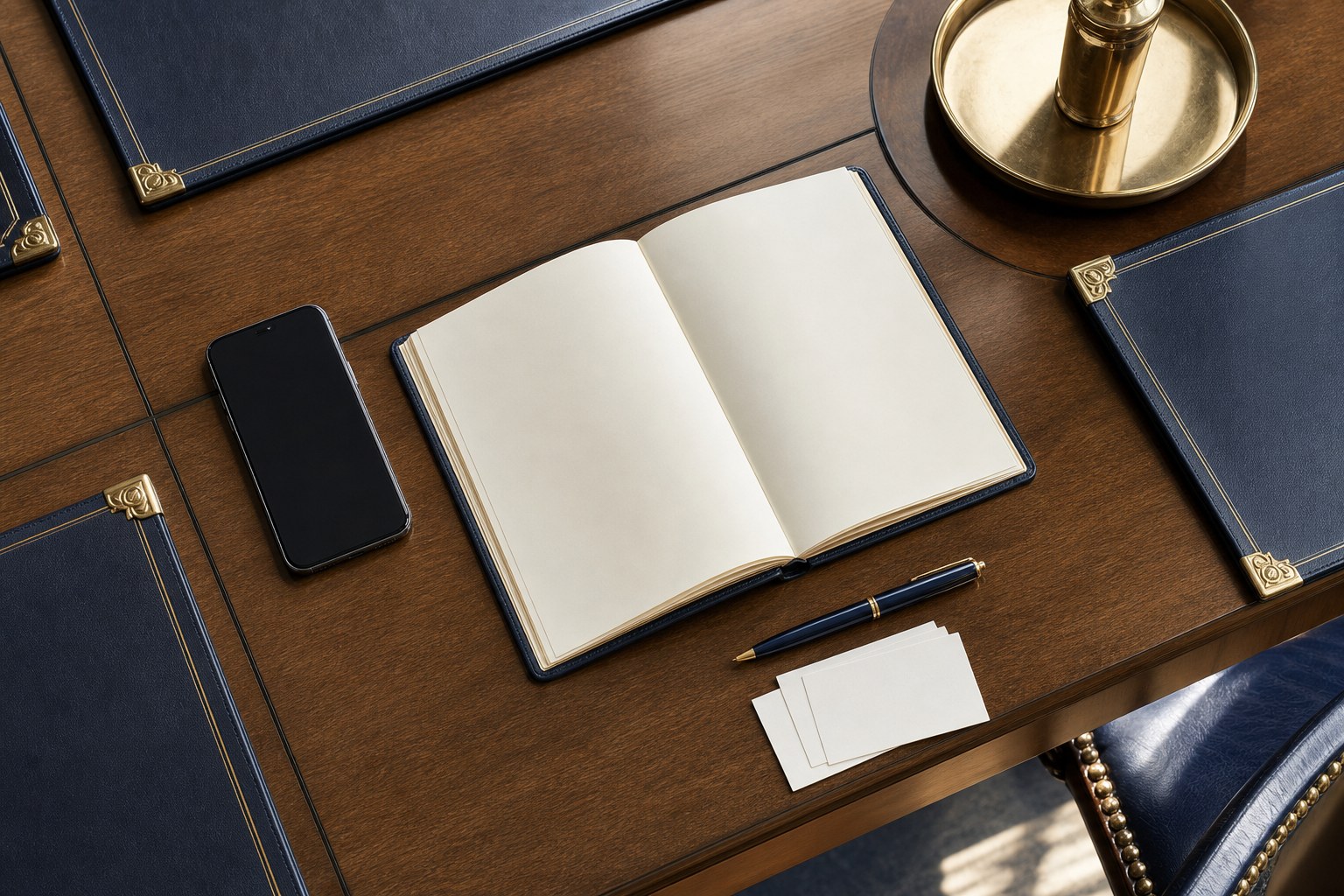 Open ledger and phone on a law firm meeting table