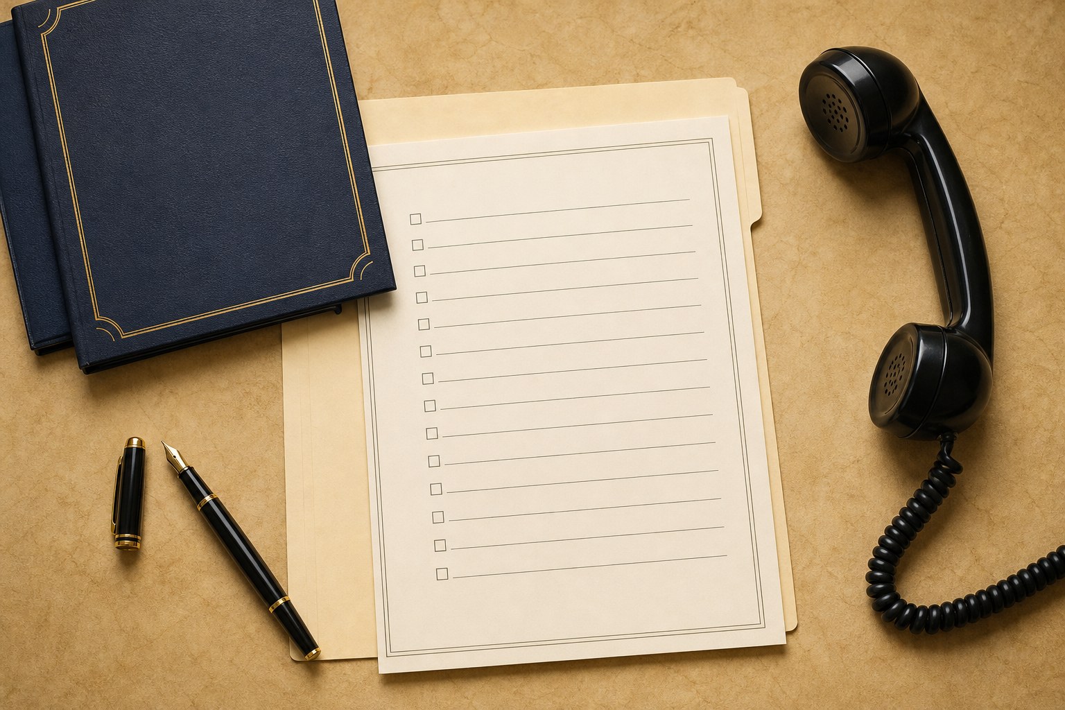 Blank intake checklist with a navy folder, fountain pen, and telephone receiver