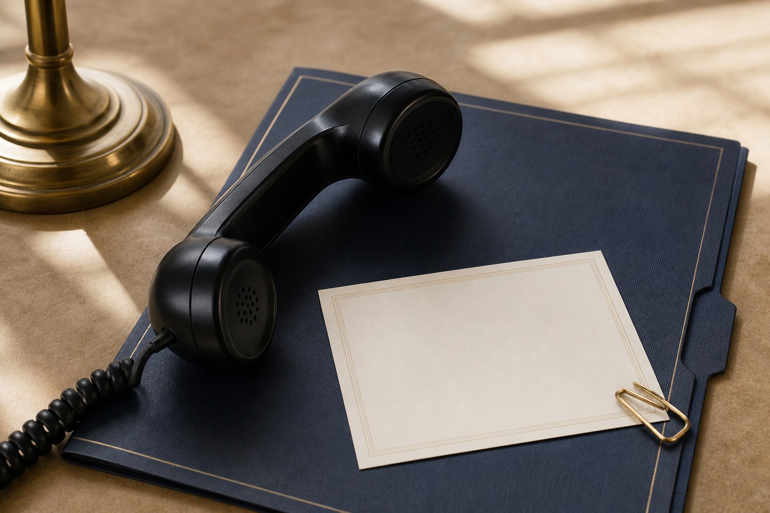 Telephone receiver resting on a navy law-firm file beside a blank note card