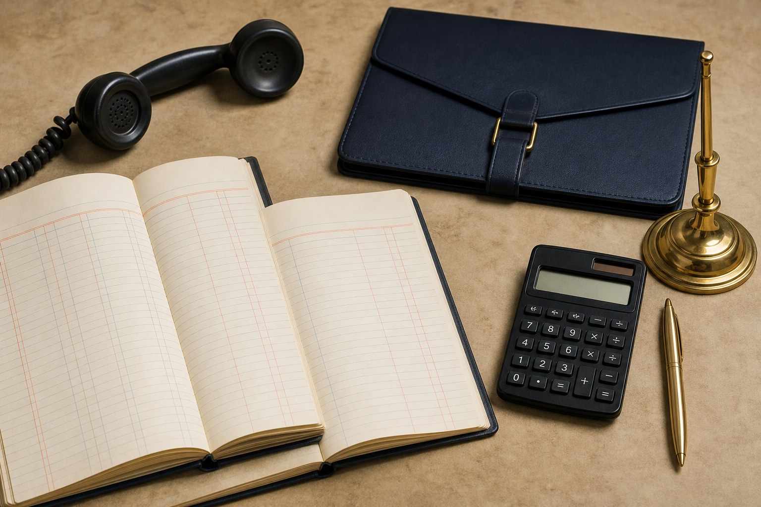 Blank ledger and calculator prepared for a law-firm intake review