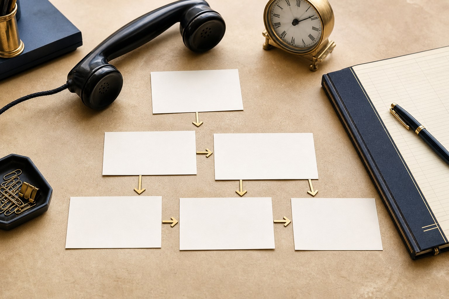 Blank workflow cards arranged beside a telephone and a law-firm ledger