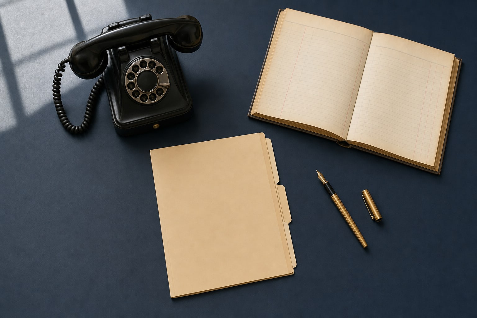 Desk telephone, legal ledger, case folder, and fountain pen