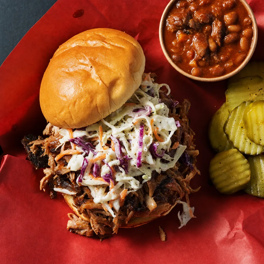 Pulled pork sandwich with slaw and baked beans