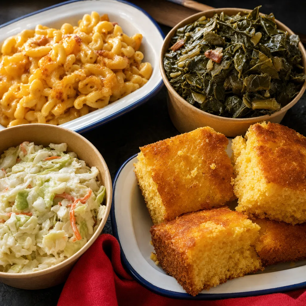 Cornbread, macaroni and cheese, collard greens, and coleslaw