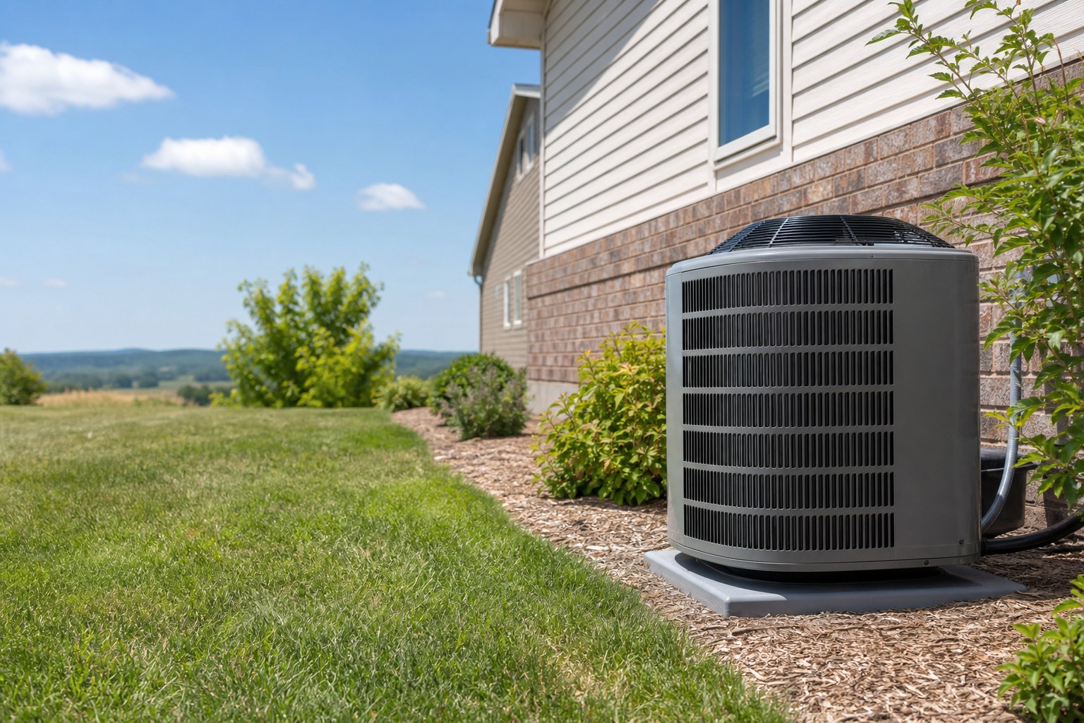Residential outdoor air conditioner beside a home on a sunny day