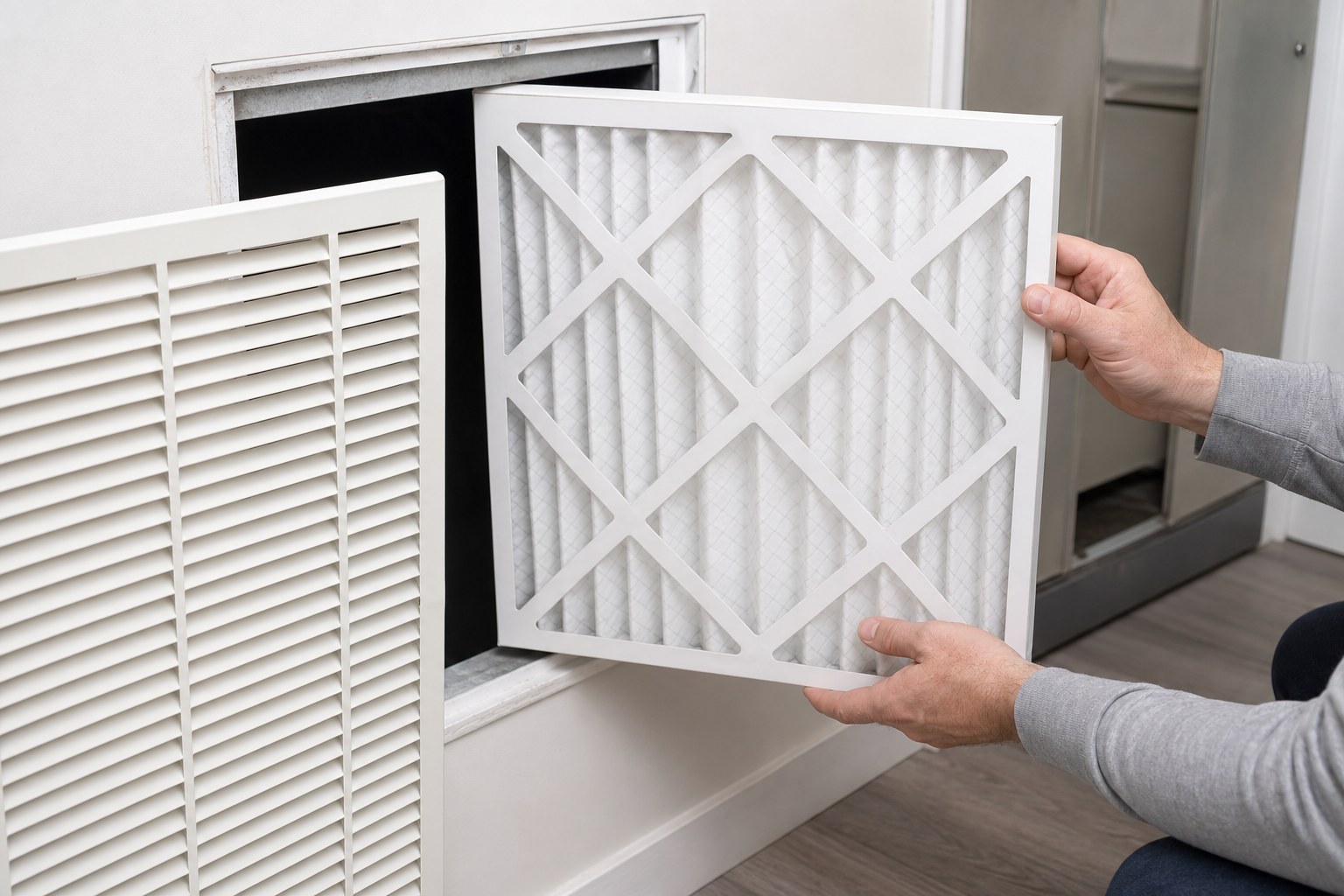 Fresh pleated HVAC filter being held beside an open return grille