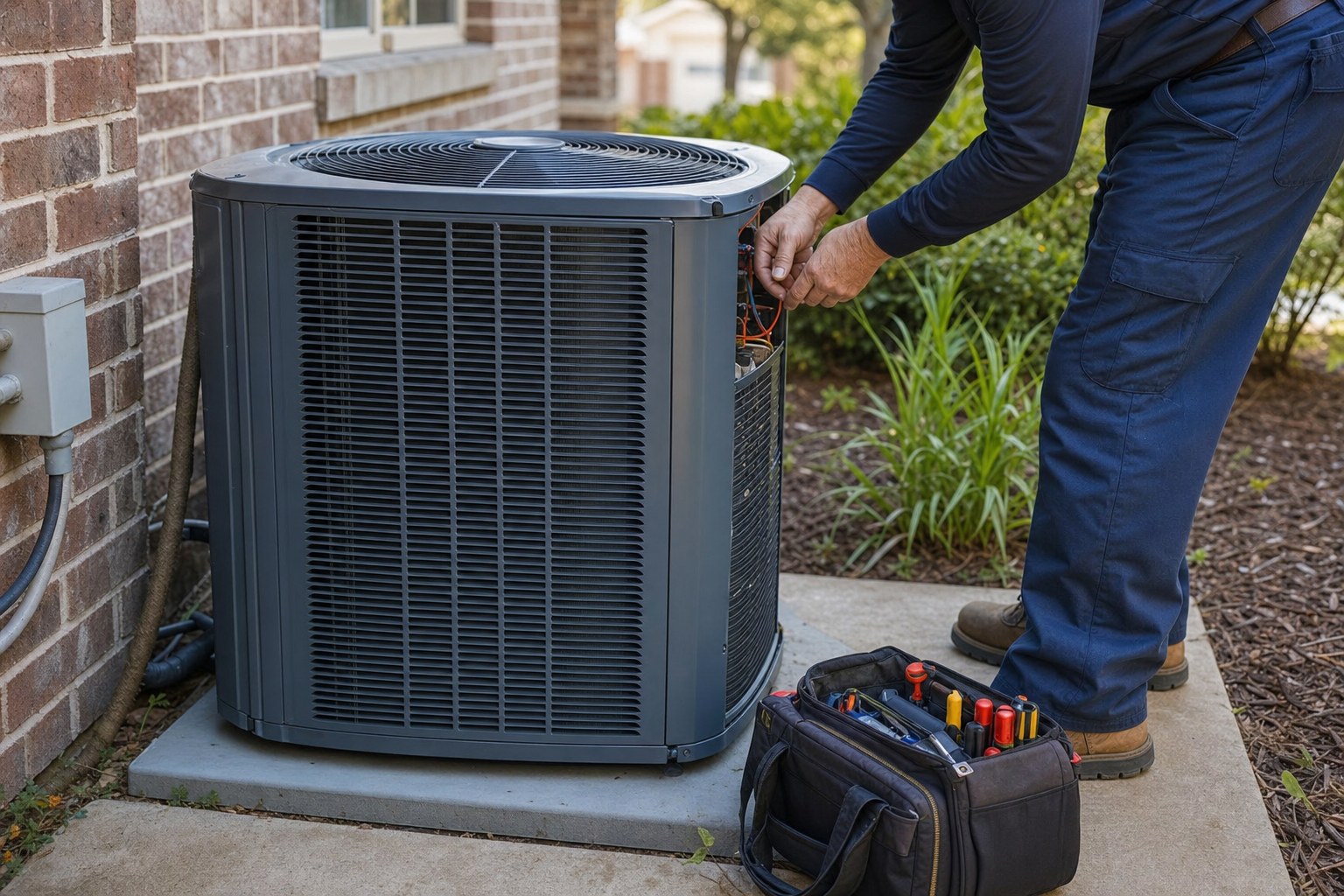 HVAC technician servicing an outdoor air conditioning unit