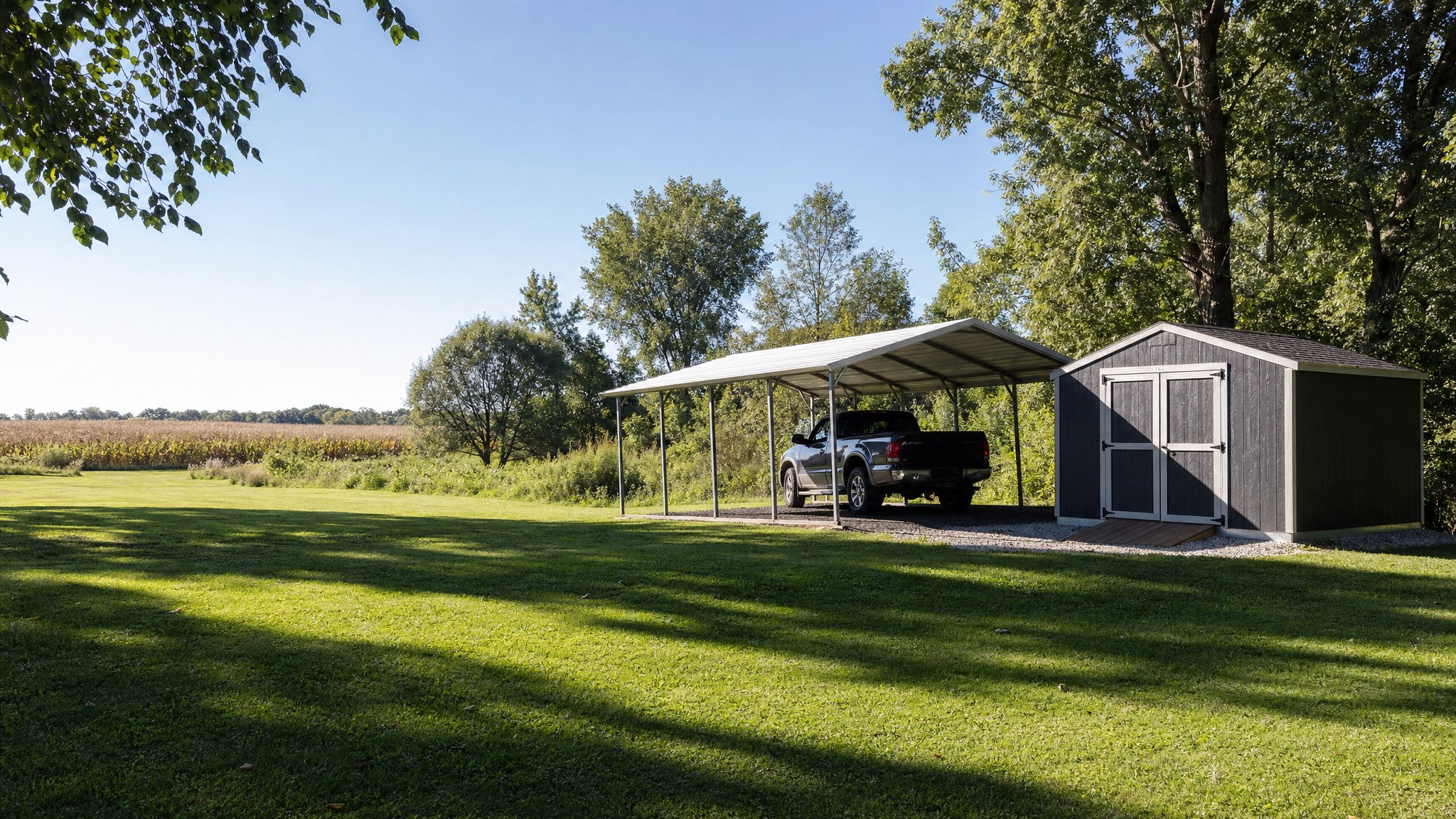 Portable shed and metal carport on a rural Midwest property