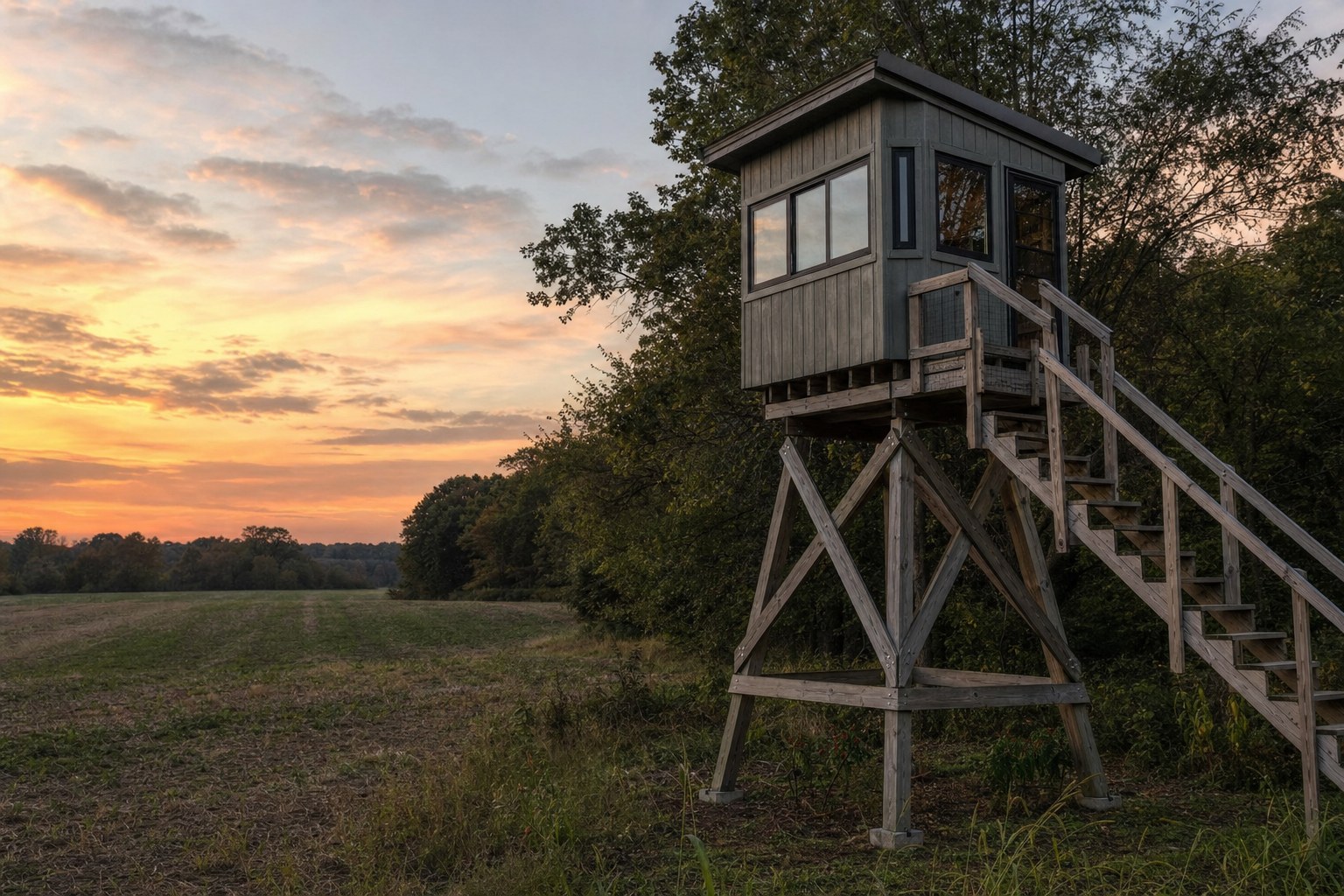 Raised wooden hunting blind overlooking a field