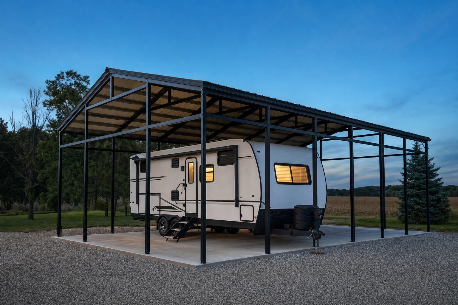 Steel RV carport covering a travel trailer
