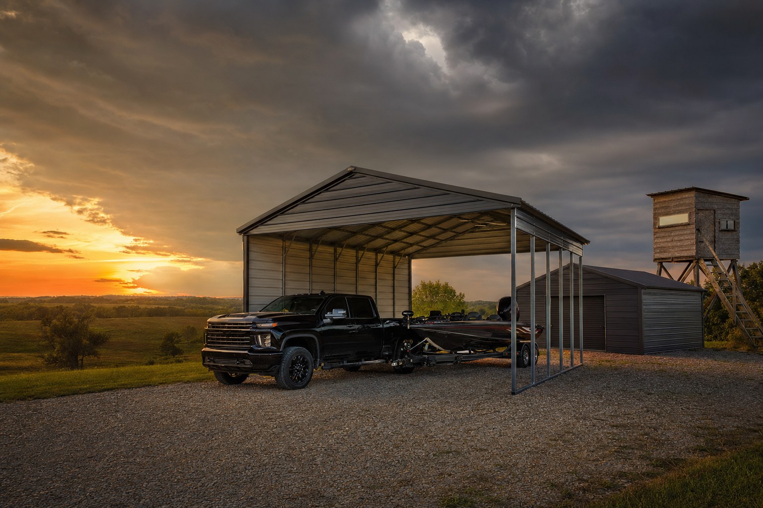 Steel carport, portable garage, and hunting blind on a rural property