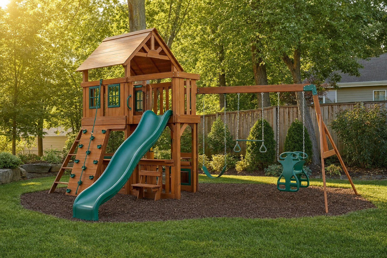 Wooden backyard playset with slide and swings