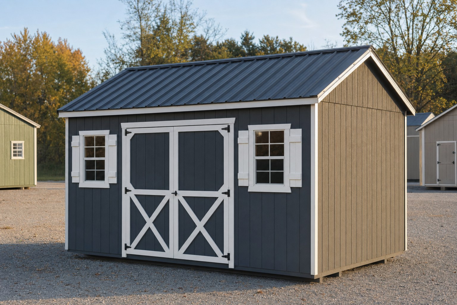 Charcoal portable storage shed with white trim