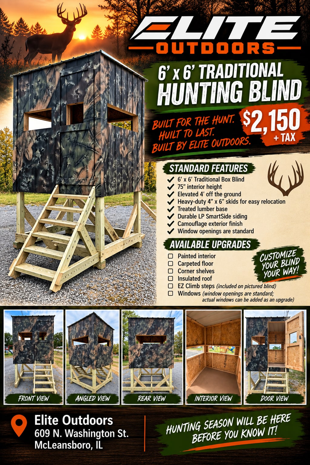 Elite Outdoors flyer for the 6 by 6 traditional hunting blind with price, standard features, and available upgrades