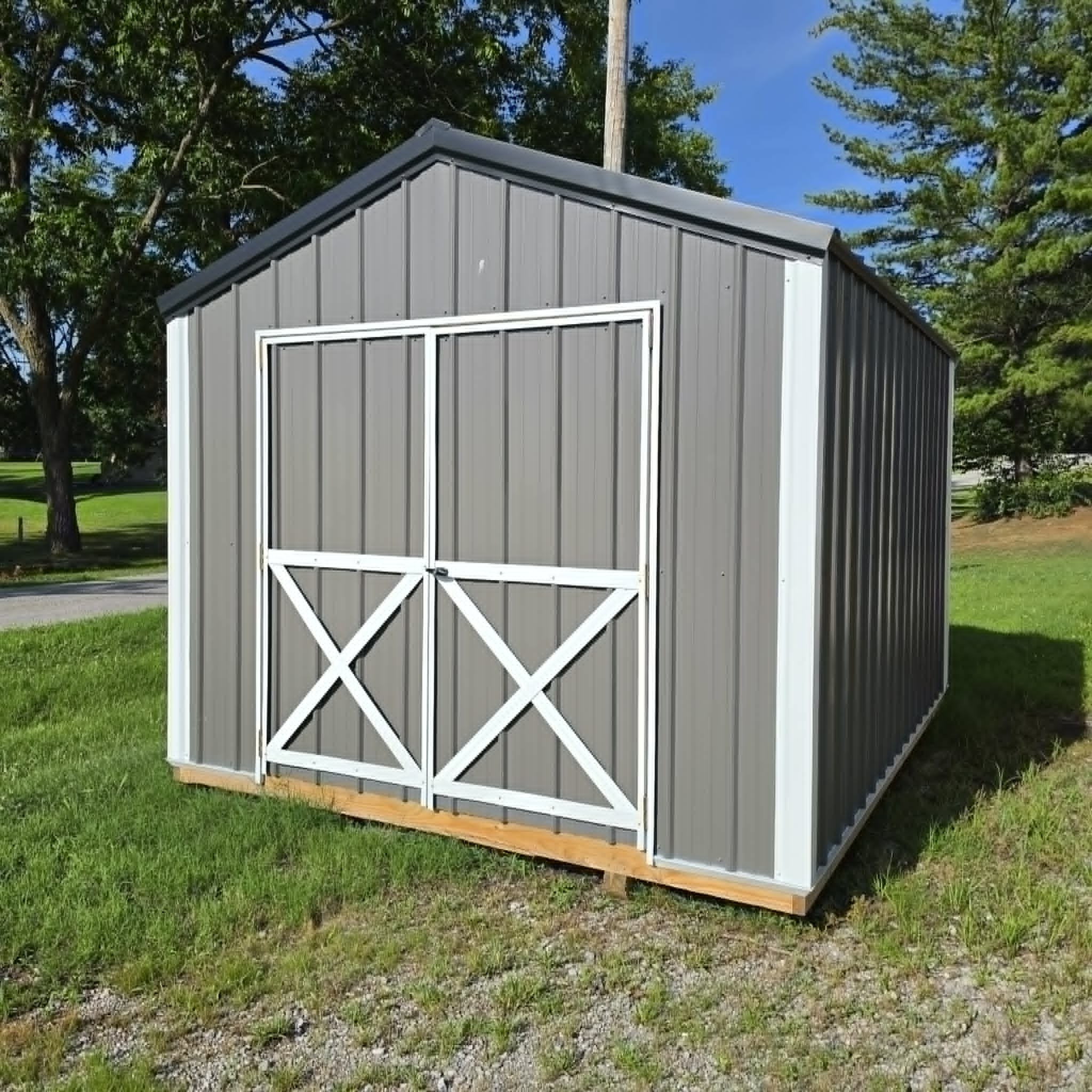 Gray portable shed with double doors