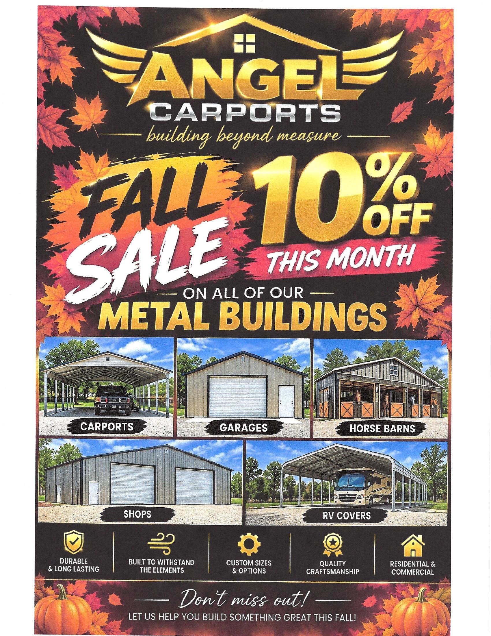 Angel Carports fall sale, 10 percent off through October