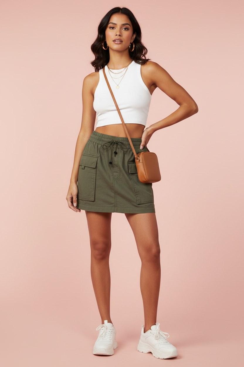 Olive cargo mini skirt with utility pockets