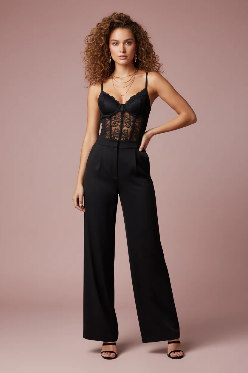 Black lace V-neck spaghetti-strap bodysuit from Strut and Style Boutique