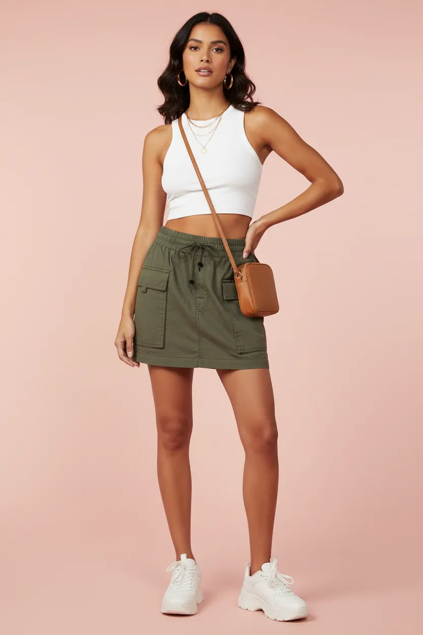 Olive cargo mini skirt styled as a modern vintage-inspired piece