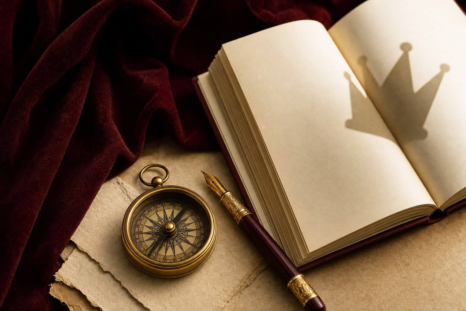 Antique gold compass and fountain pen on ivory paper against deep wine fabric