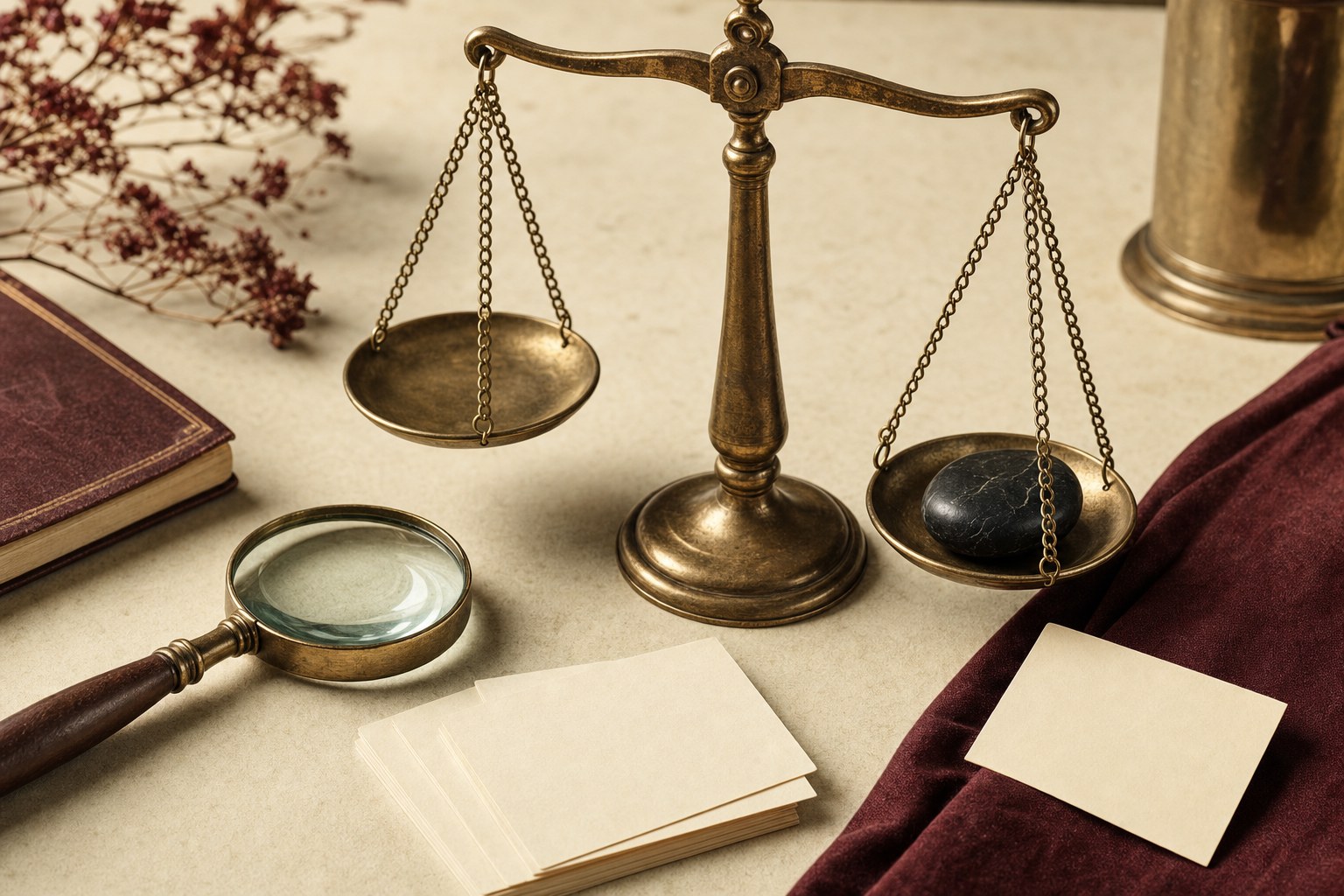 Antique brass balance scale, magnifying glass, blank cards, and dark stone on an ivory desk