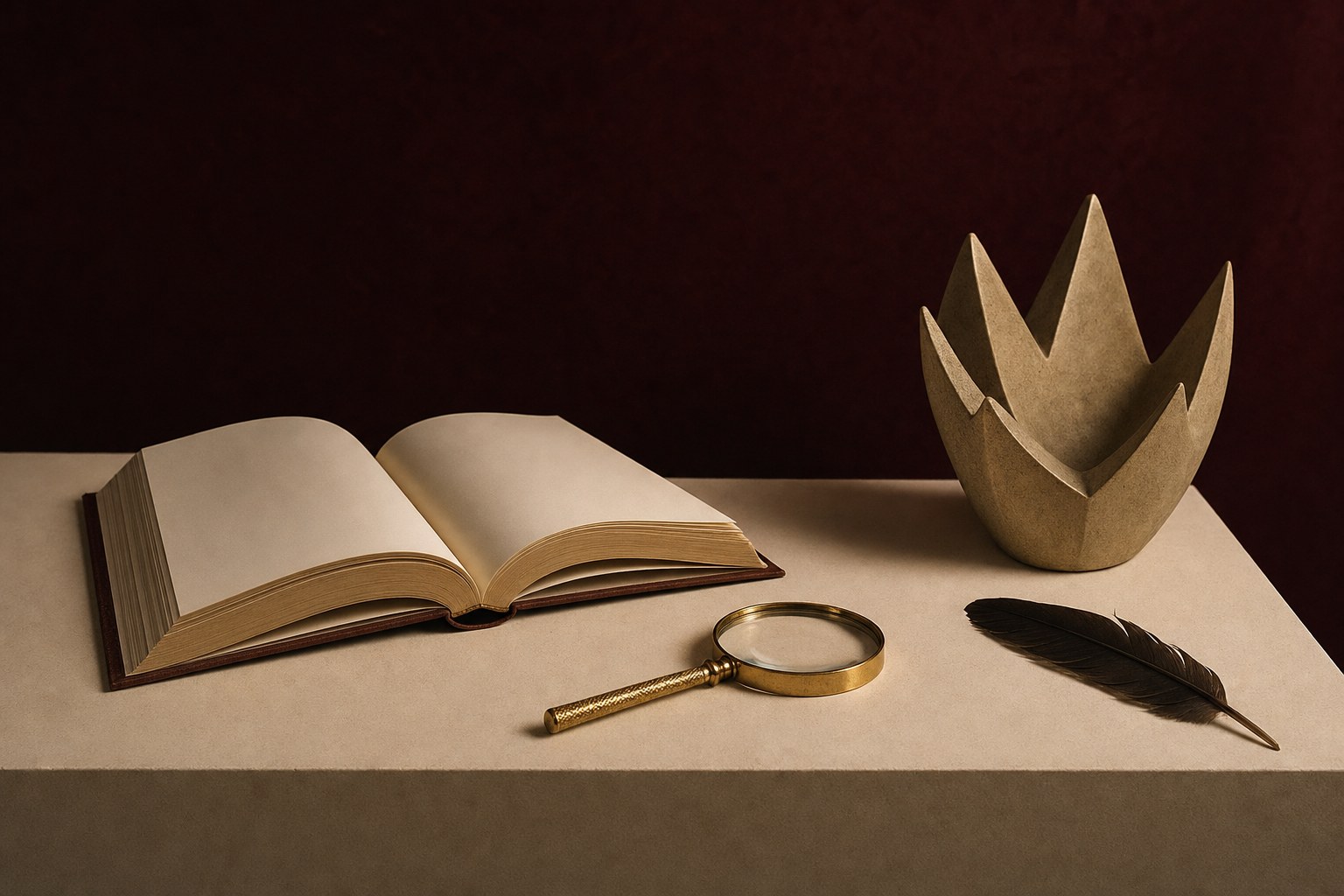 Open book, magnifying glass, feather, and crown sculpture on an ivory table