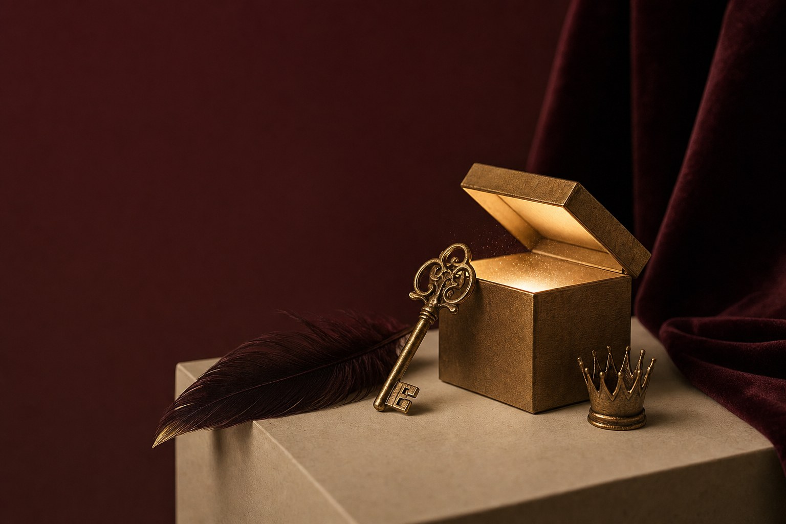 Gold key opening a small glowing box beside a feather and crown accent
