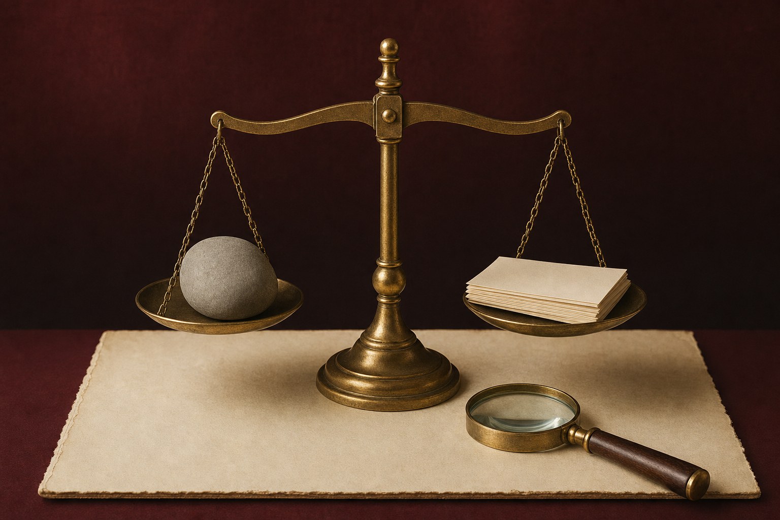 Antique gold scale, magnifying glass, stone, and blank cards