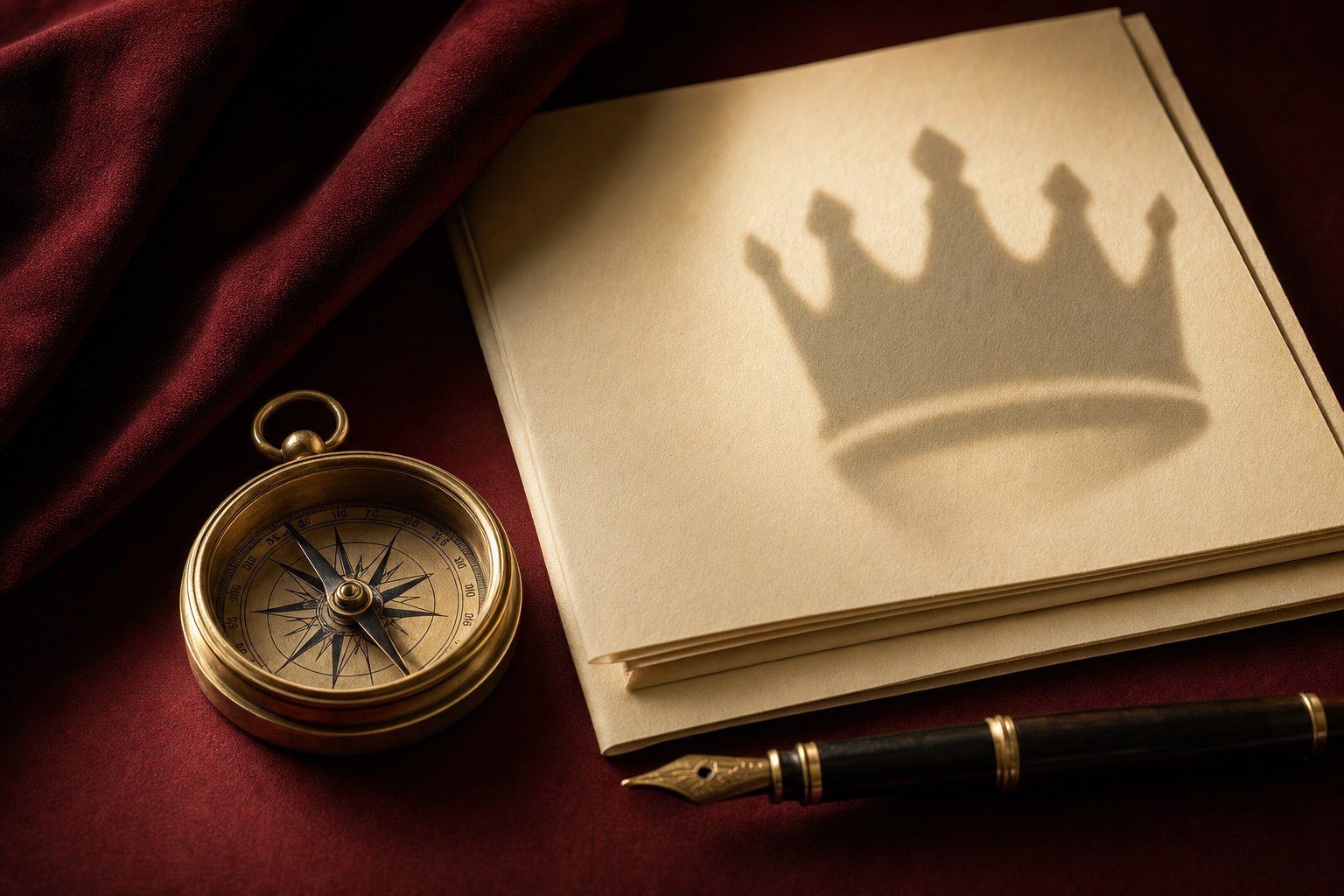 Gold compass and fountain pen beside a crown shadow on blank paper
