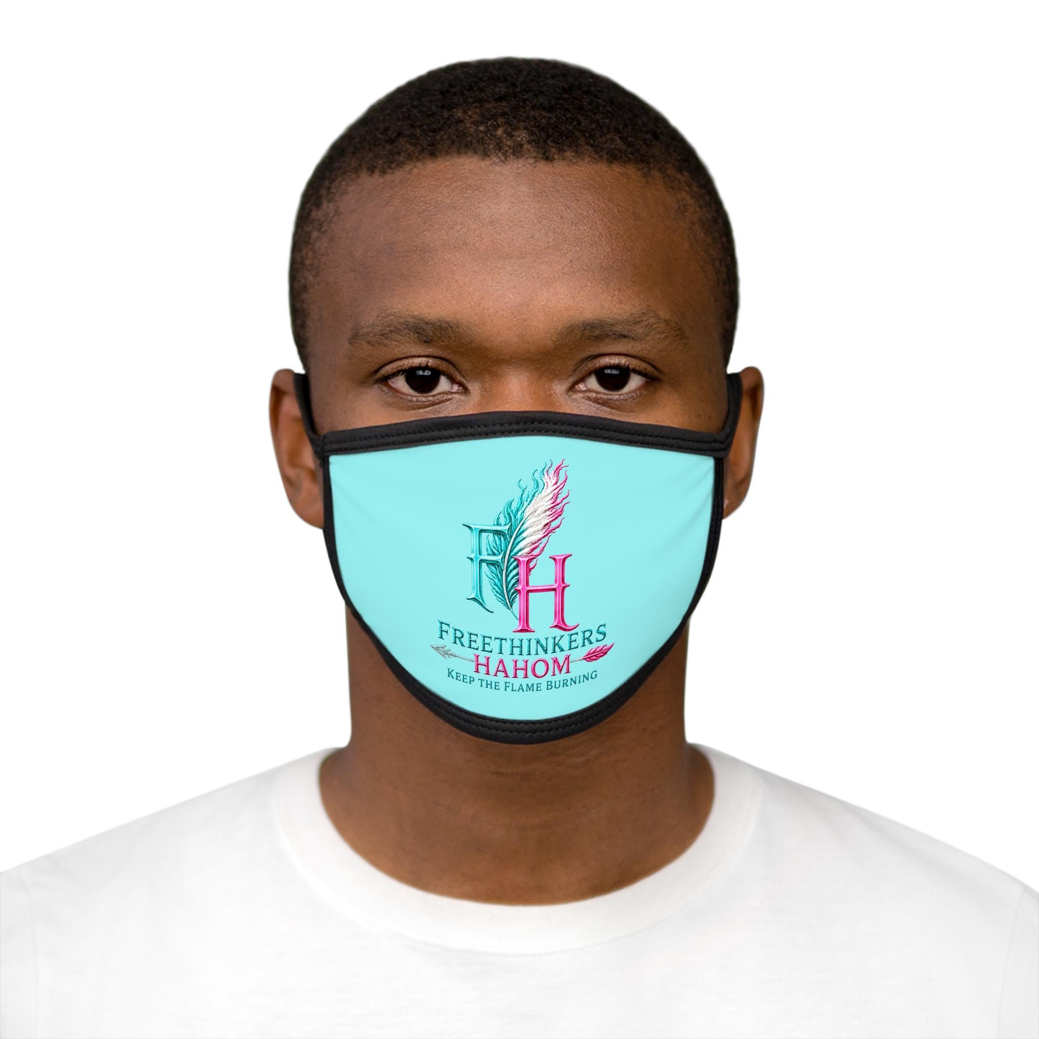 Freethinkers Hahom Feather Flame logo Face Mask | Turquoise, view 3