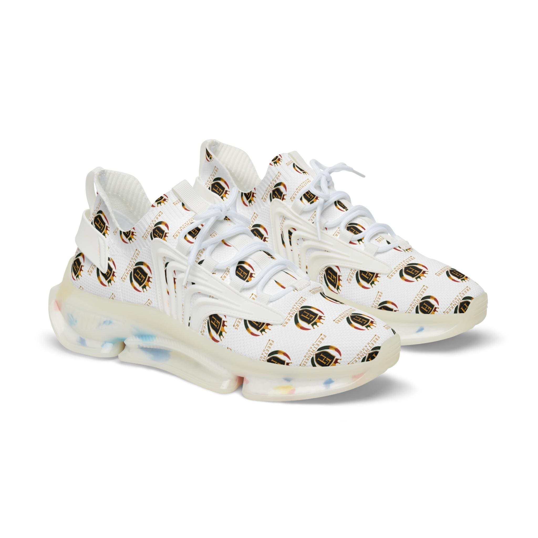 Men's Mesh Sneakers — White Crest Pattern Athletic Shoes