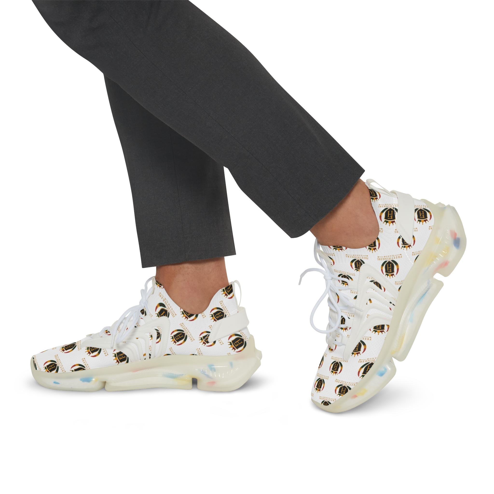 Men's Mesh Sneakers — White Crest Pattern Athletic Shoes, view 10