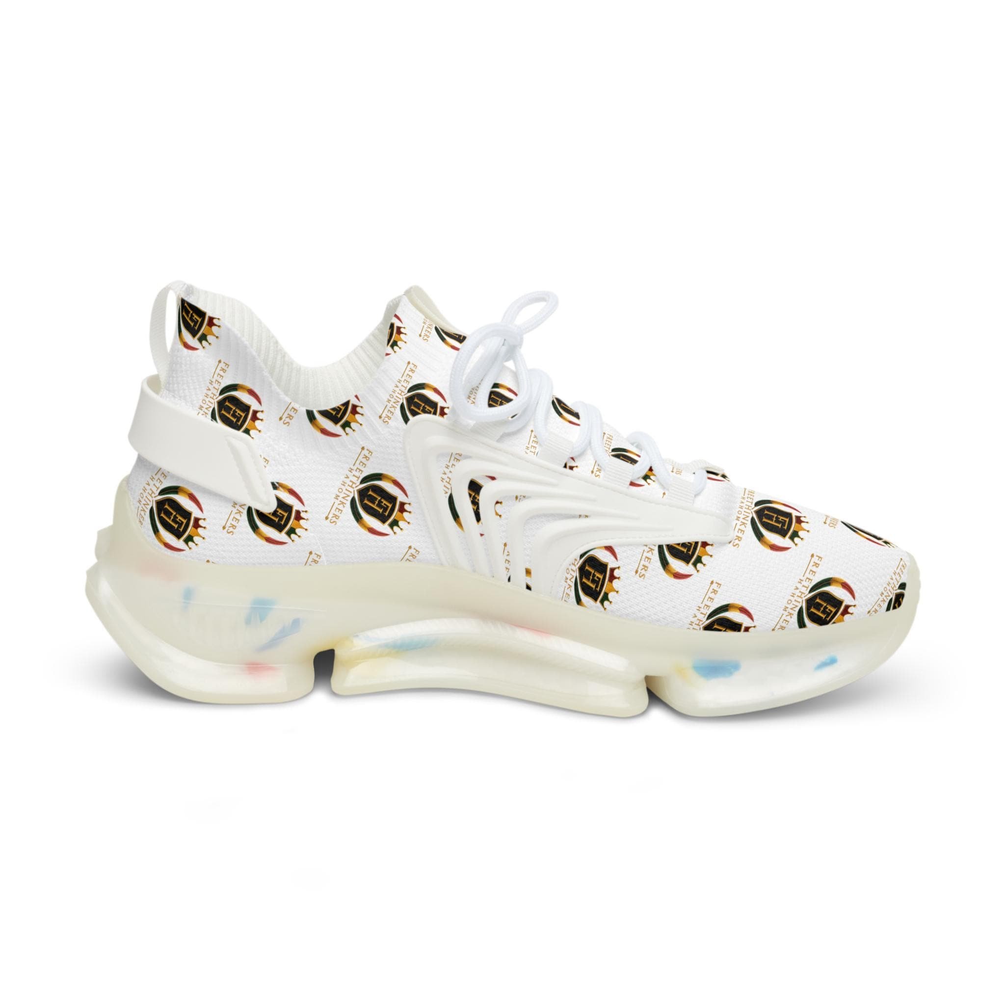 Men's Mesh Sneakers — White Crest Pattern Athletic Shoes, view 4