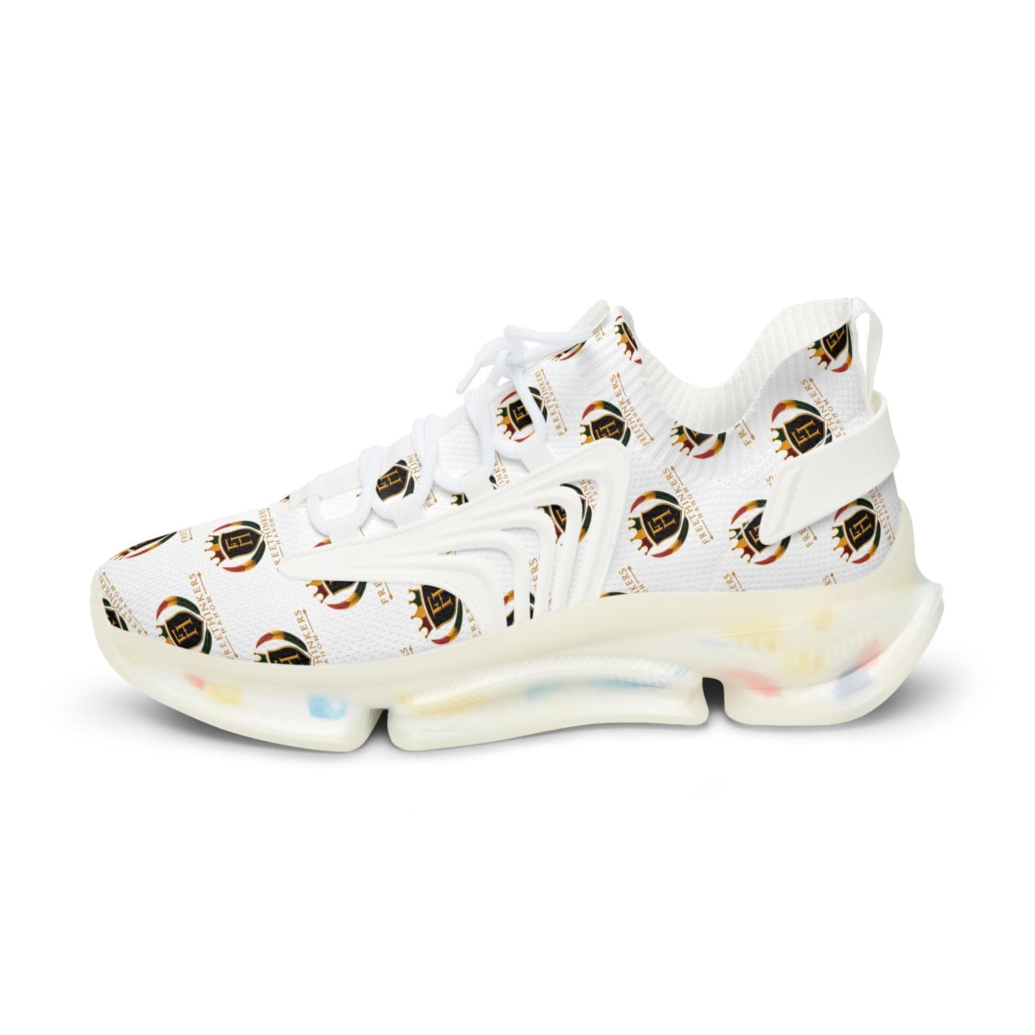 Men's Mesh Sneakers — White Crest Pattern Athletic Shoes, view 5